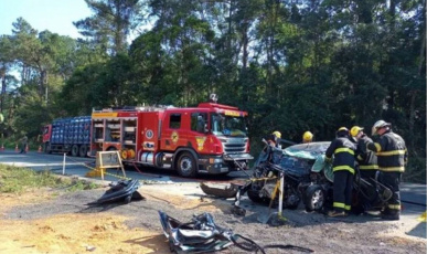 Caminhão com placas de Videira e carro batem de frente e homem morre na BR-470