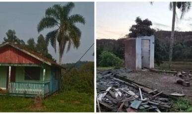 Criminosos desmontam casa de madeira e só deixam o banheiro para trás